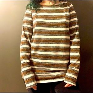 Rust, White, Grey Striped Tunic With Button Detail On Shoulder M/L